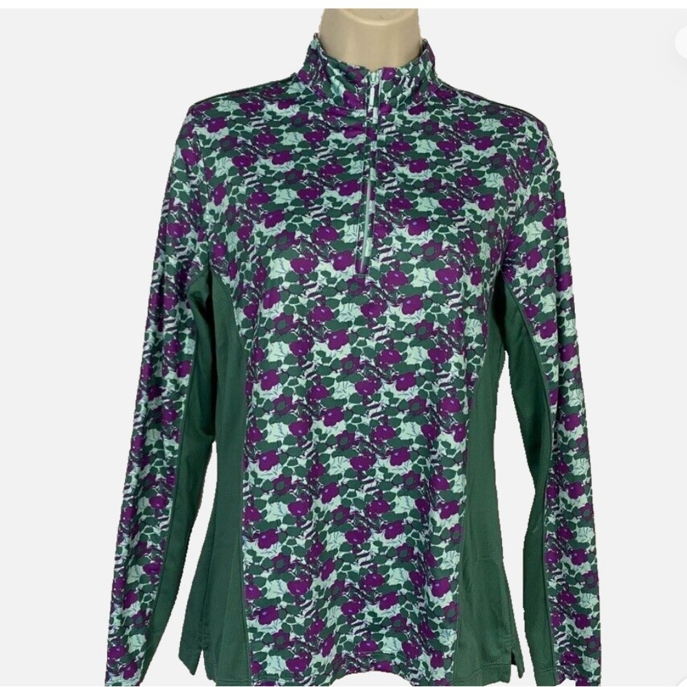 Peter Millar Women's Long Sleeve  1/4" Zip Green Floral Quick Dry UPF 50; Sz: M;